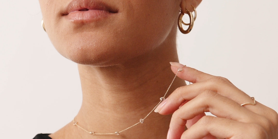 14K Real Solid Gold Birthstone Beaded Station Necklace with spaced birthstone beads, ideal as a Christmas gift or everyday necklace for women.