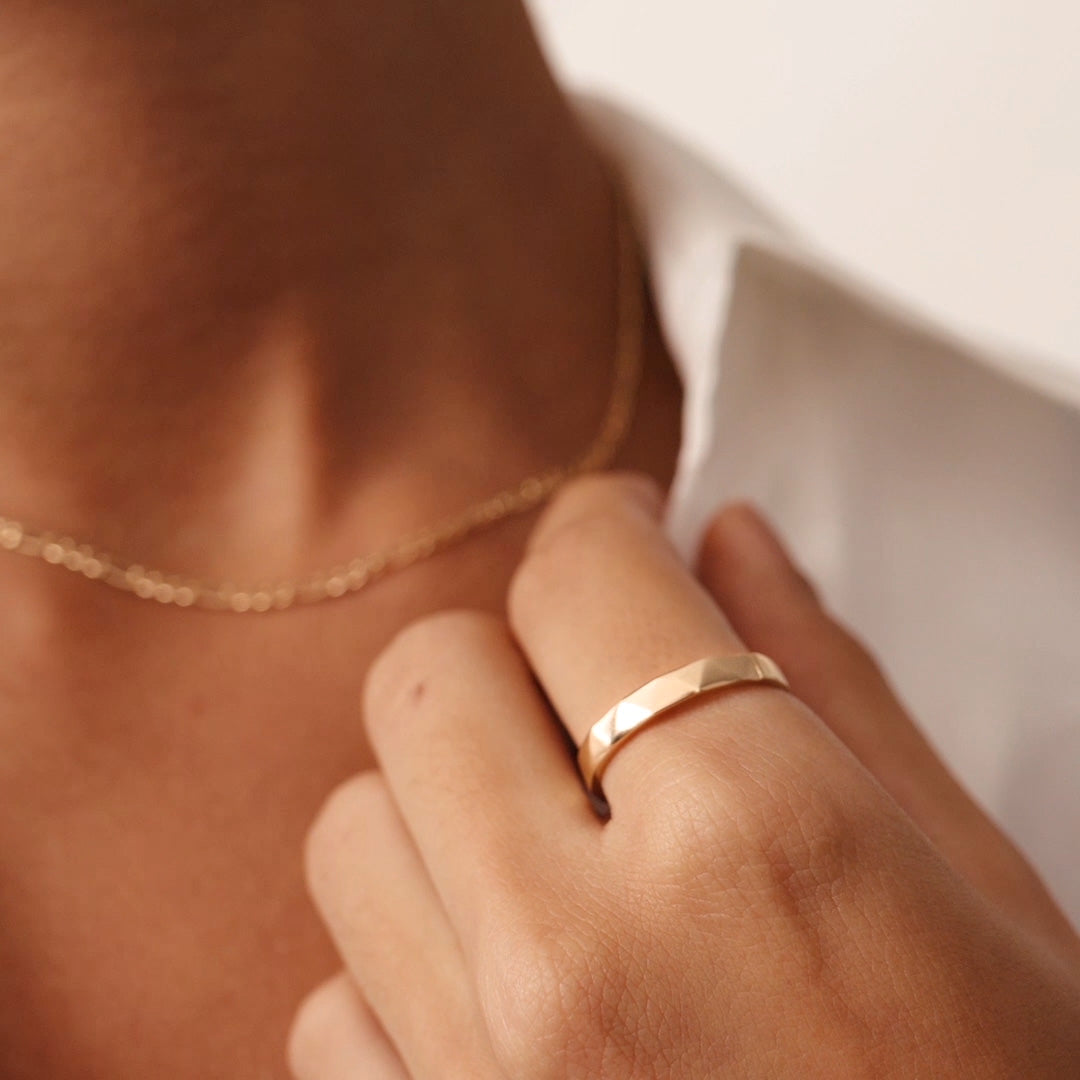 14K Real Solid Gold Geometric Diamond-Cut Ring with unique geometric design, perfect for stacking or as a minimalist statement ring.