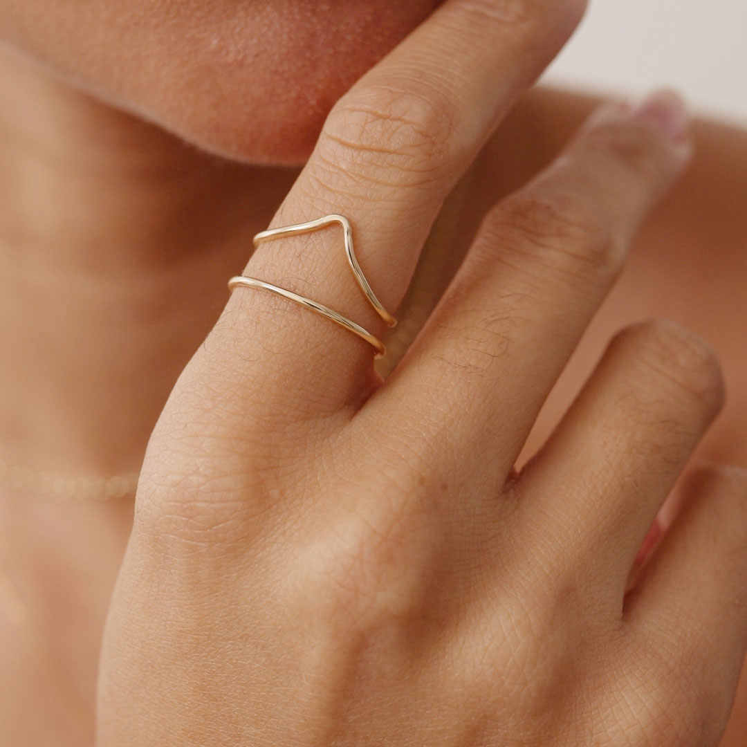 14K Real Solid Gold Unique Design Stacking Ring with a modern, chic shape, ideal for layering or as a minimalist statement piece for women.