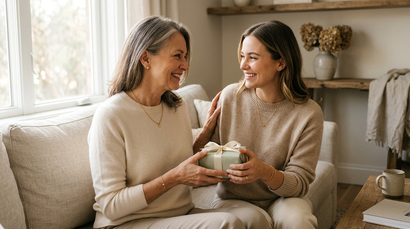 A daughter gives her mother a gift as they smile together on a couch.