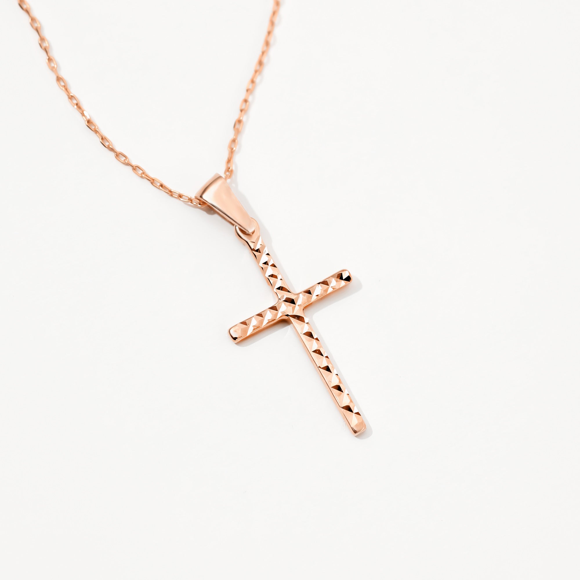 14K Solid Gold Diamond-Cut Handmade Cross Necklace