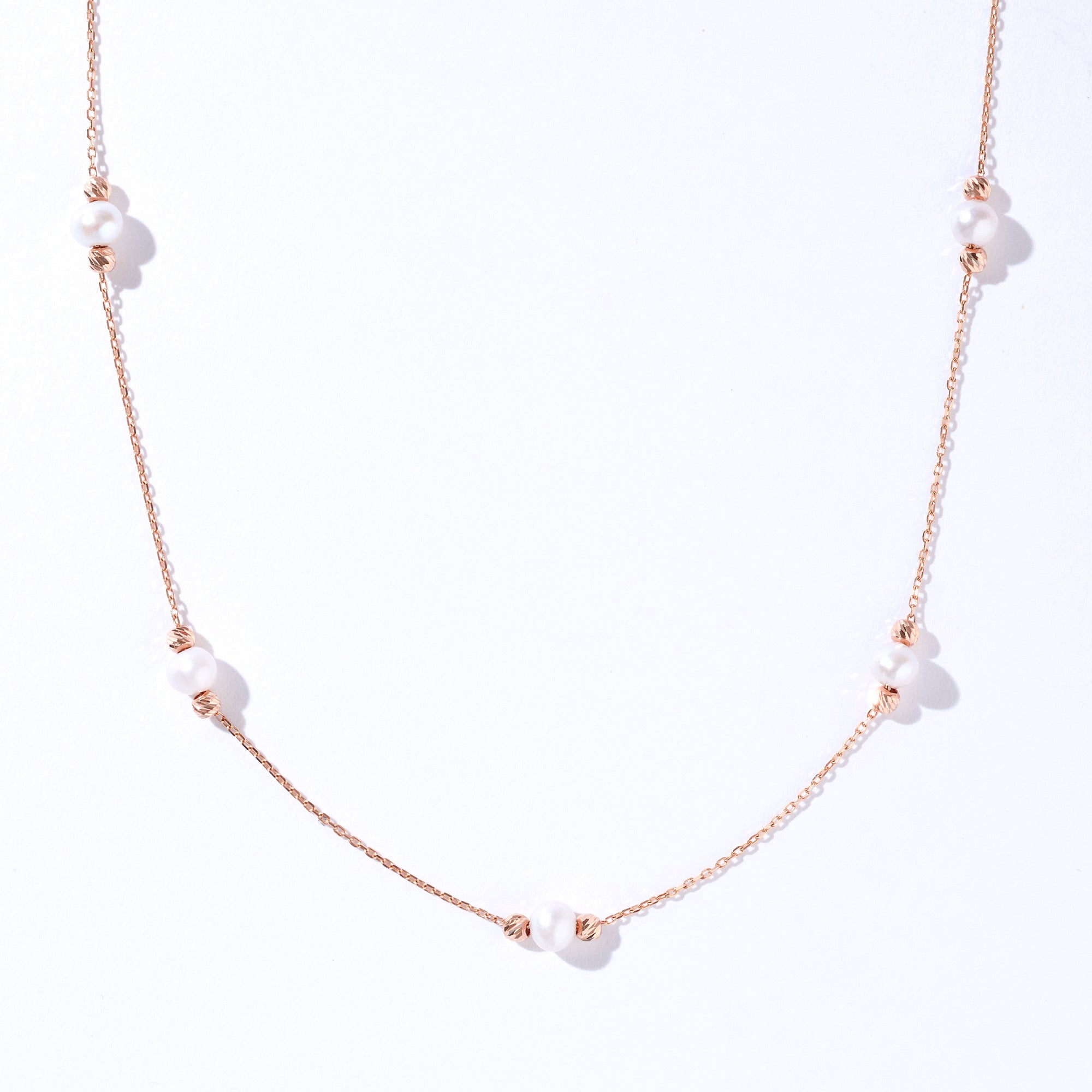 14K Solid Gold Station Pearl Necklace