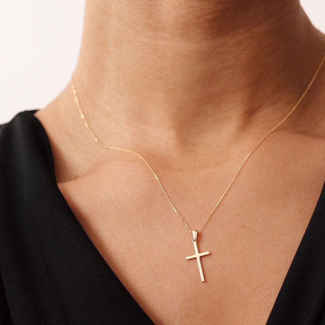 cross necklace in 14K real solid gold. A dainty and minimalistic Christian crucifix pendant, ideal for baptism, religious events, or daily wear.
