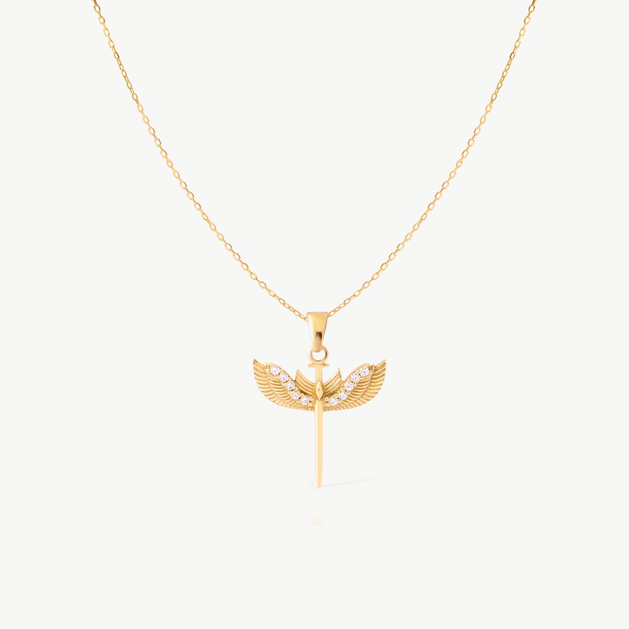 14K real solid yellow gold necklace featuring Archangel Saint Michael with detailed wings and a sword. This religious pendant symbolizes protection and faith, perfect for daily wear or special occasions, ideal as a meaningful Catholic or Christian gift.