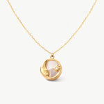 14K real solid yellow gold necklace featuring a crescent moon and star design with a mother of pearl center. The celestial pendant is perfect for adding a mystical, elegant touch to your jewelry collection, symbolizing the magic of the universe.