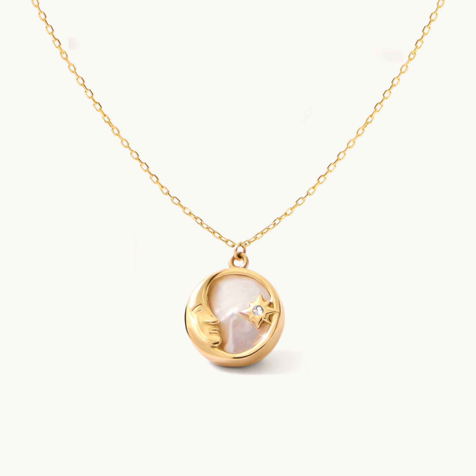 14K real solid yellow gold necklace featuring a crescent moon and star design with a mother of pearl center. The celestial pendant is perfect for adding a mystical, elegant touch to your jewelry collection, symbolizing the magic of the universe.