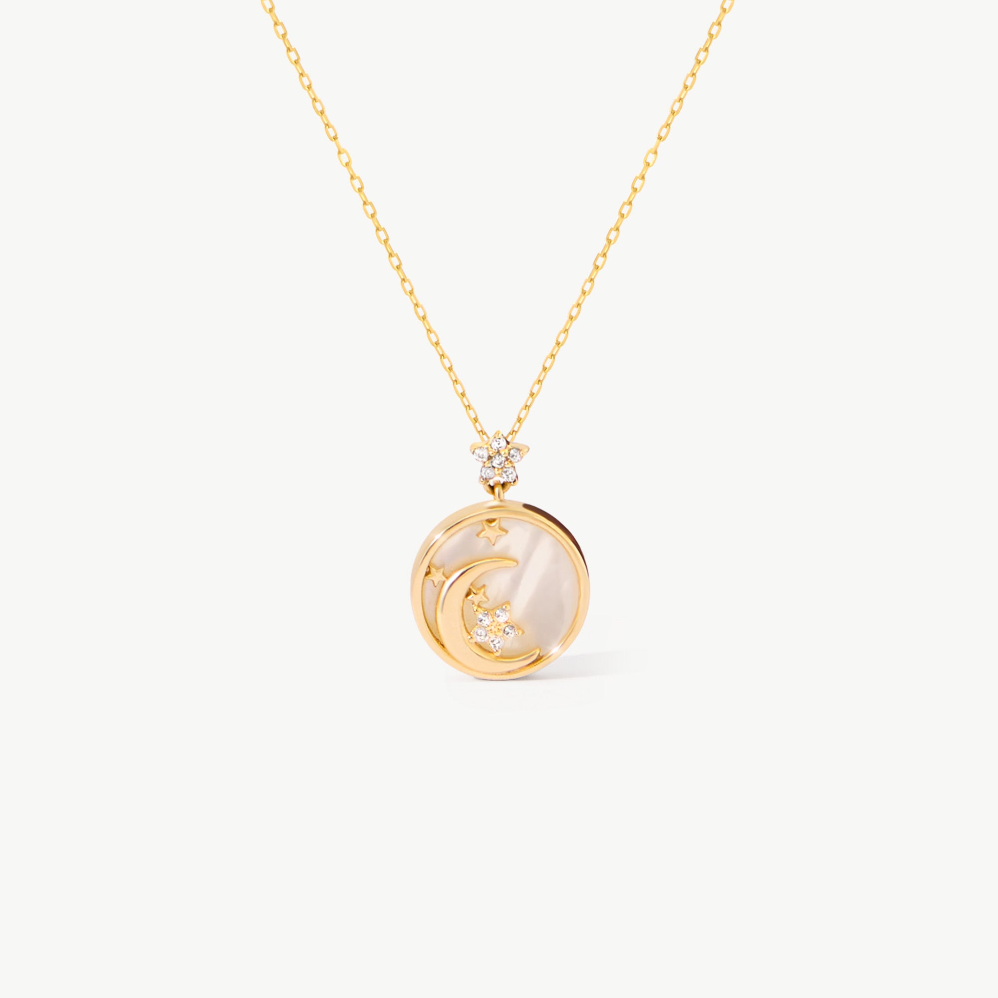 14K Solid Gold Moon and Star Necklace in Mother of Pearl