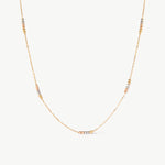 14K solid gold tricolor beaded station necklace featuring delicate yellow, rose, and white gold beads along a minimalist chain. This dainty and elegant piece is perfect for layering or wearing alone, offering a versatile and sophisticated look for any occasion.