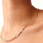 14K real solid gold heavy paperclip necklace with rectangular links, available in 14, 16, 18, and 20 inches, featuring a secure lobster clasp, perfect for layering or wearing alone as a bold statement accessory.