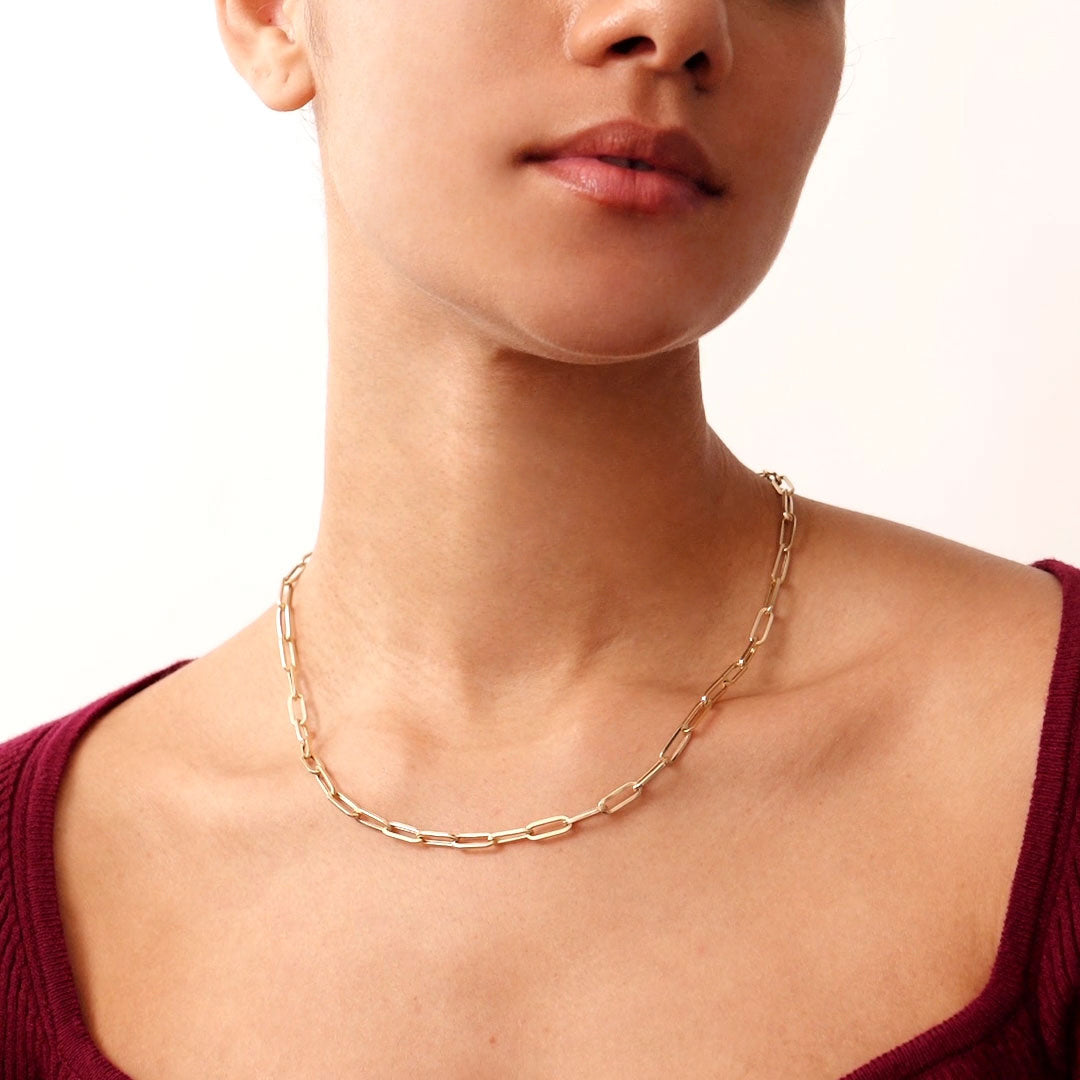 14K real solid gold heavy paperclip necklace with rectangular links, available in 14, 16, 18, and 20 inches, featuring a secure lobster clasp, perfect for layering or wearing alone as a bold statement accessory.