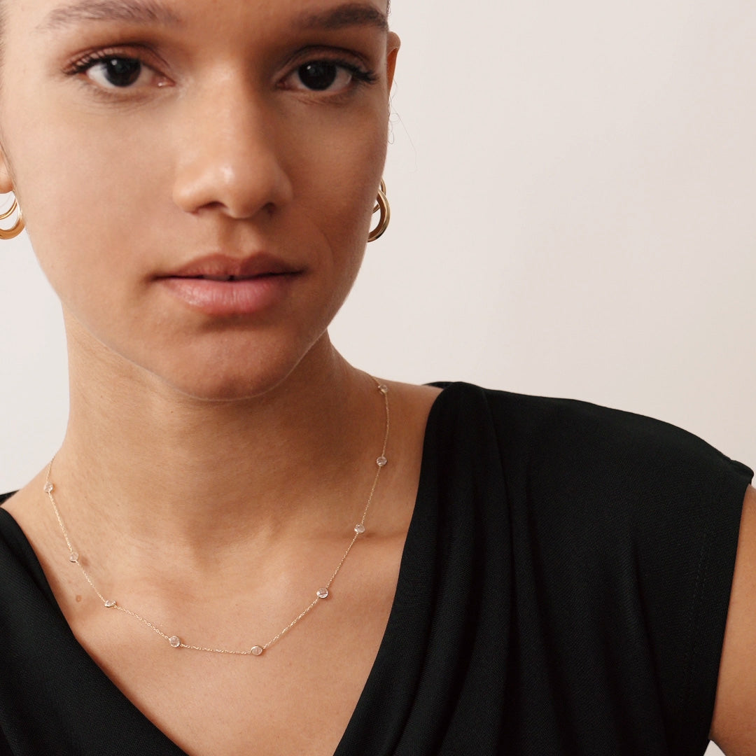 14K Real Solid Gold Birthstone Beaded Station Necklace with spaced birthstone beads, ideal as a Christmas gift or everyday necklace for women.