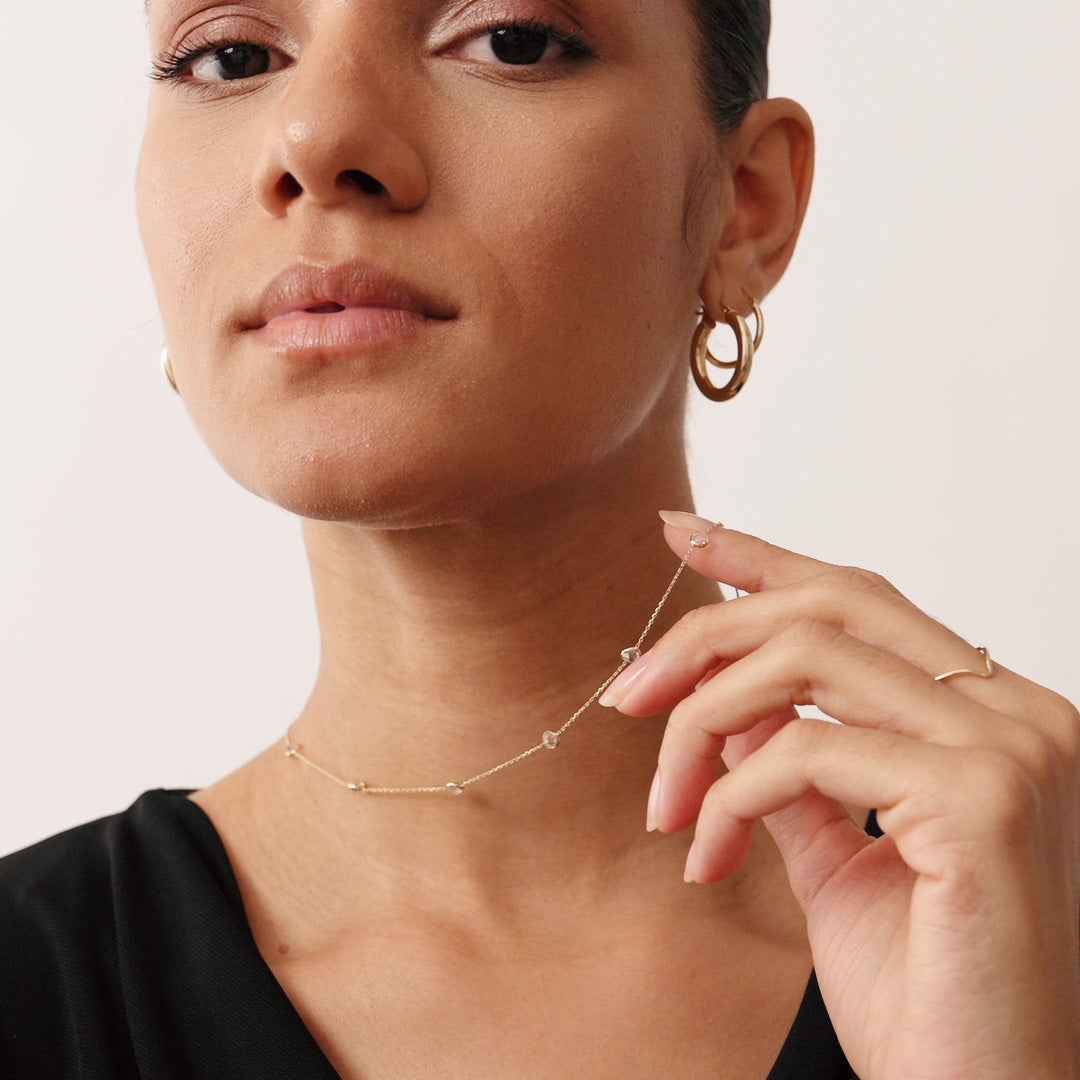 14K Real Solid Gold Birthstone Beaded Station Necklace with spaced birthstone beads, ideal as a Christmas gift or everyday necklace for women.