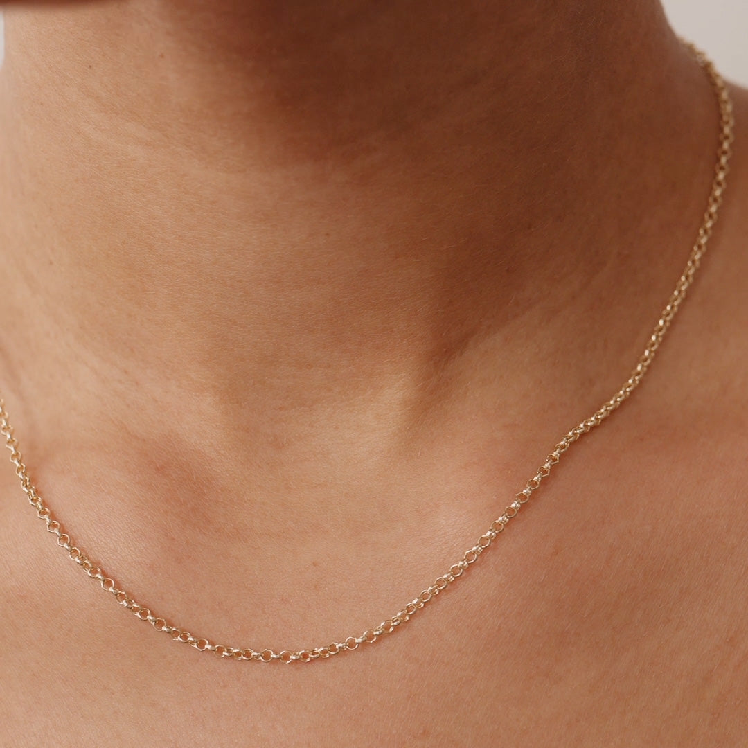 14K Real Solid Gold Rolo Chain Necklace with a minimalist design, ideal for layering and daily wear.