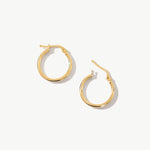 14K real solid yellow gold huggie hoop earrings featuring a sleek and minimalist design. These small, medium-sized hoops offer a polished and refined look, perfect for everyday wear or layering with other jewelry.