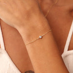 14K Real Solid Gold F Color Diamond Solitaire Beaded Bracelet with a bezel-set design, perfect for women, shown with an elegant chain and secure spring ring clasp.