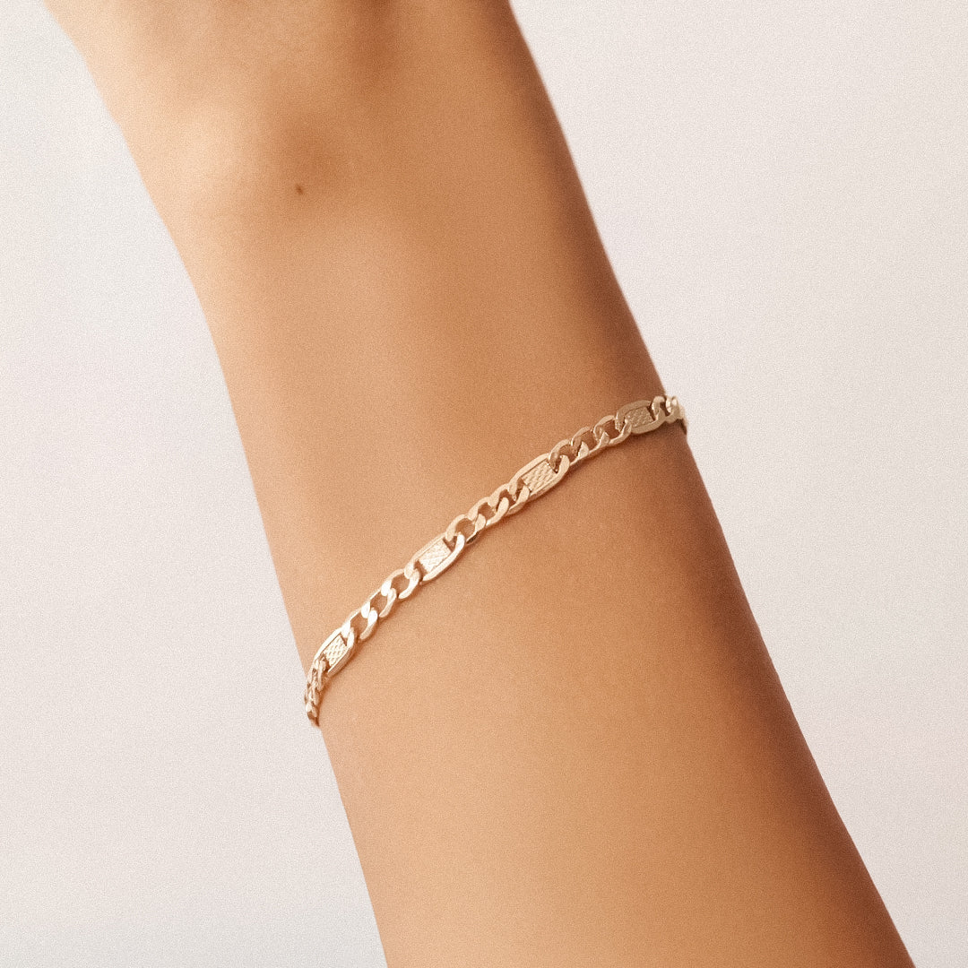 14K Real Solid Gold Unique Figaro Bracelet with intricately detailed links and a secure spring ring clasp, perfect for both men and women