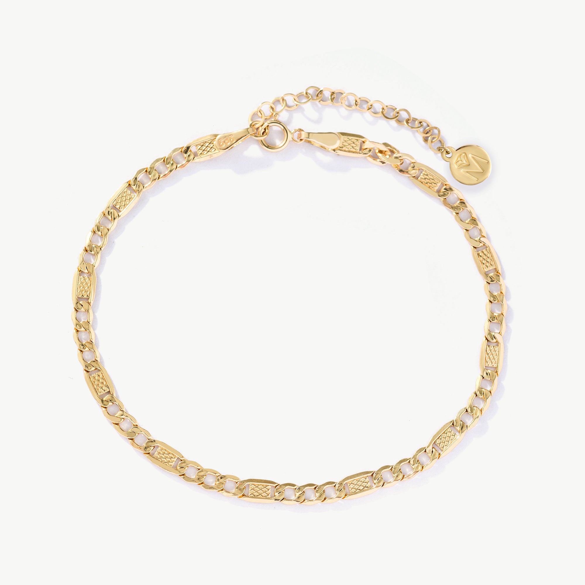 14K Real Solid Gold Unique Figaro Bracelet with intricately detailed links and a secure spring ring clasp, perfect for both men and women