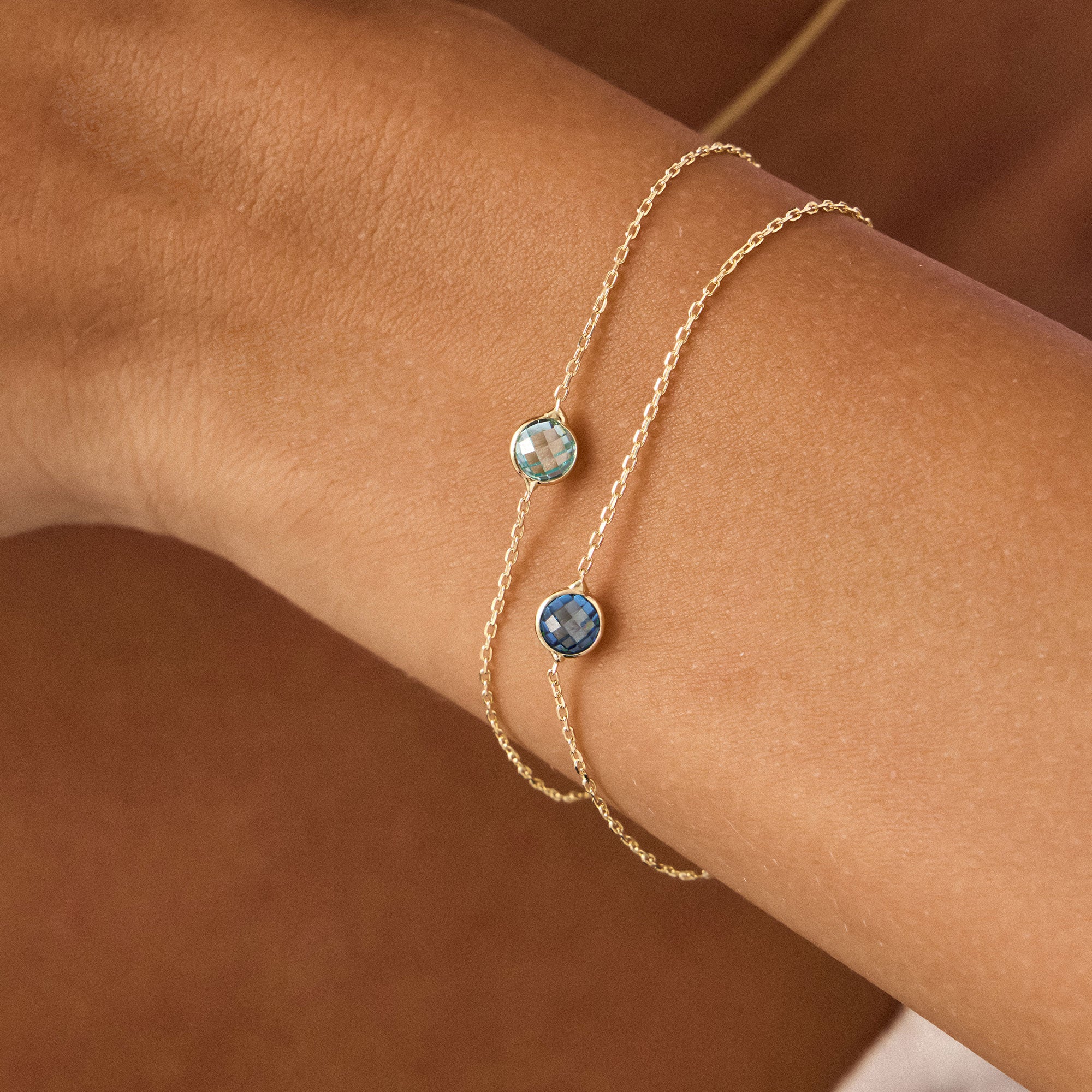 14K Real Solid Gold Aquamarine Birthstone Bracelet featuring a dainty aquamarine crystal centerpiece on an adjustable gold chain, perfect as a March birthstone gift.