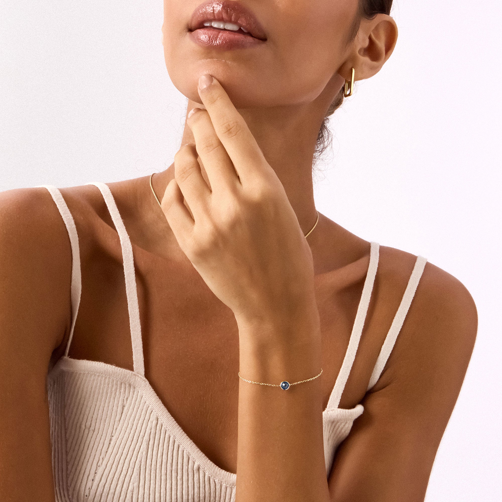 Elegant 14K Real Solid Gold Beaded Bracelet with a vibrant Genuine Blue London Topaz gemstone, perfect for stacking or standalone wear, ideal as a sophisticated Gift for Her.