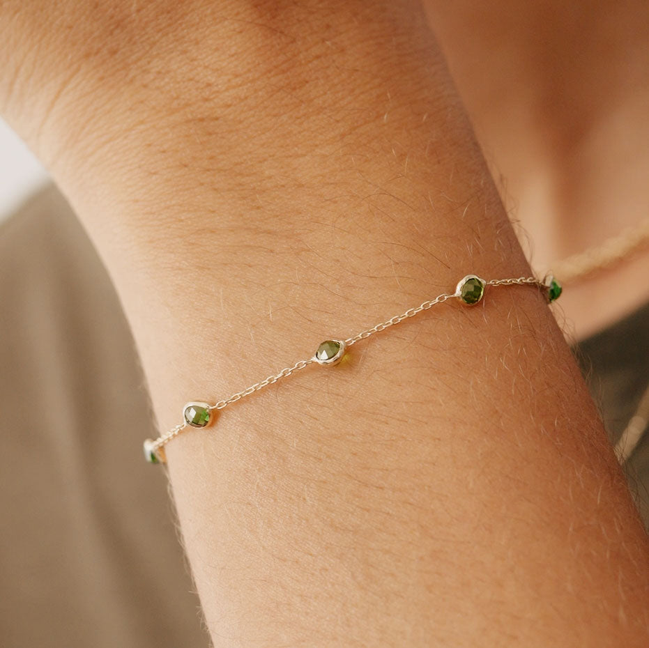 14K Real Solid Gold Peridot Birthstone Station Bracelet with green peridot gemstones, perfect for August birthdays and elegant, everyday wear.