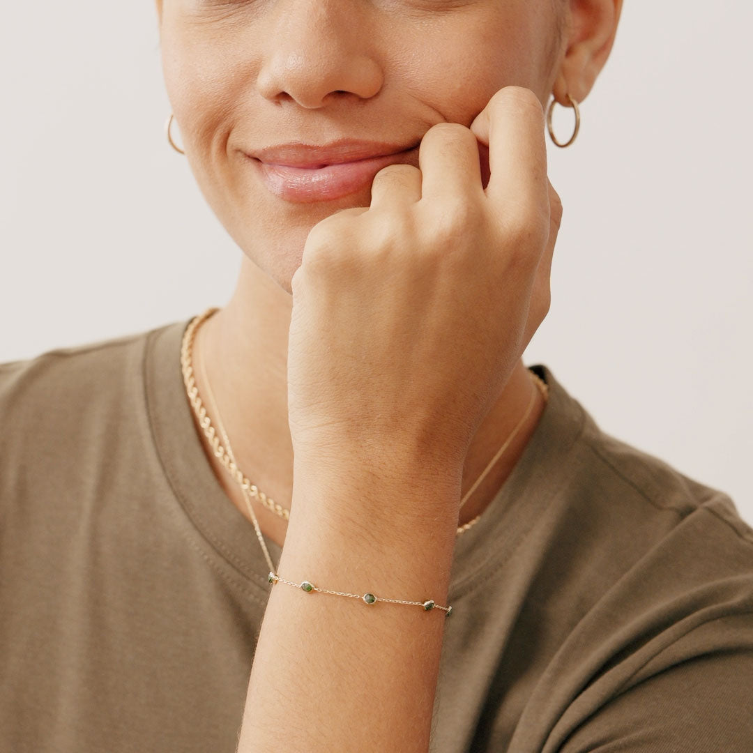 14K Real Solid Gold Emerald Bead Station Bracelet featuring vibrant green gemstones set along a dainty gold chain, perfect as a birthstone bracelet or gift for Mother's Day and special occasions.