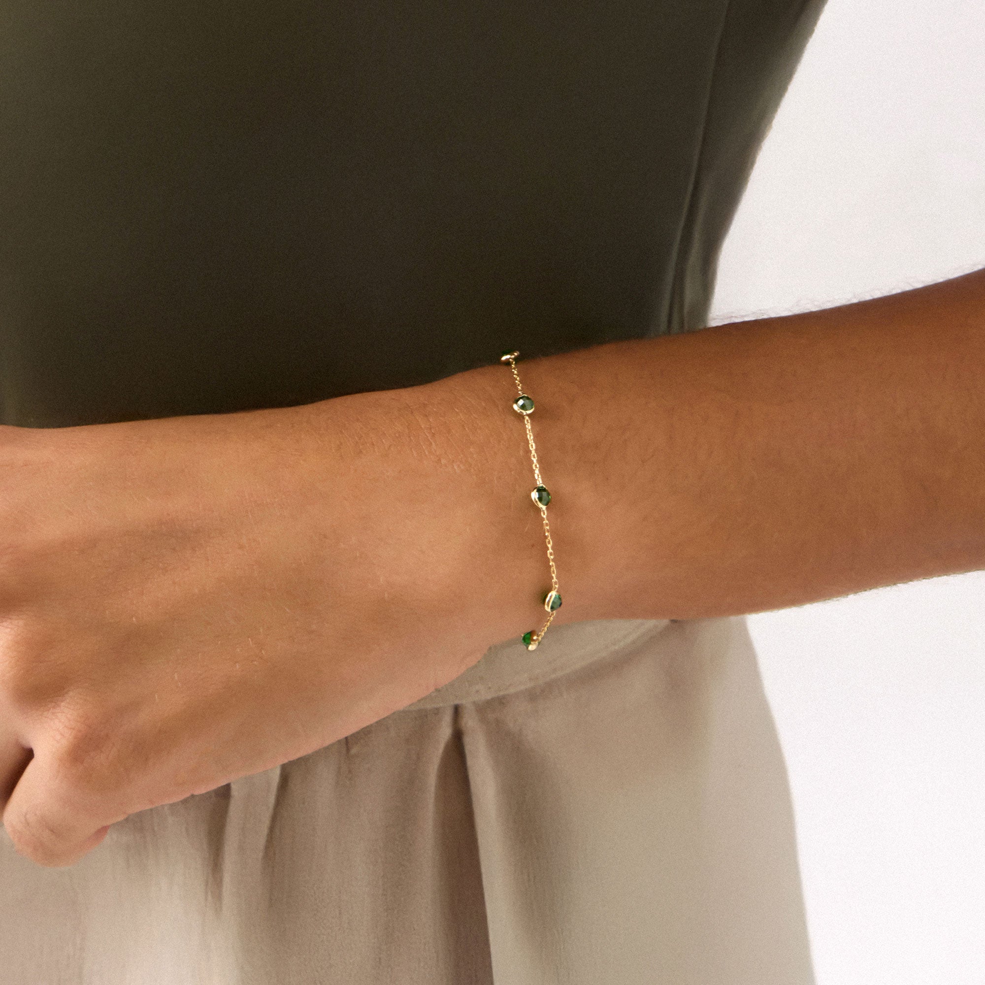 14K Real Solid Gold Emerald Bead Station Bracelet featuring vibrant green gemstones set along a dainty gold chain, perfect as a birthstone bracelet or gift for Mother's Day and special occasions.