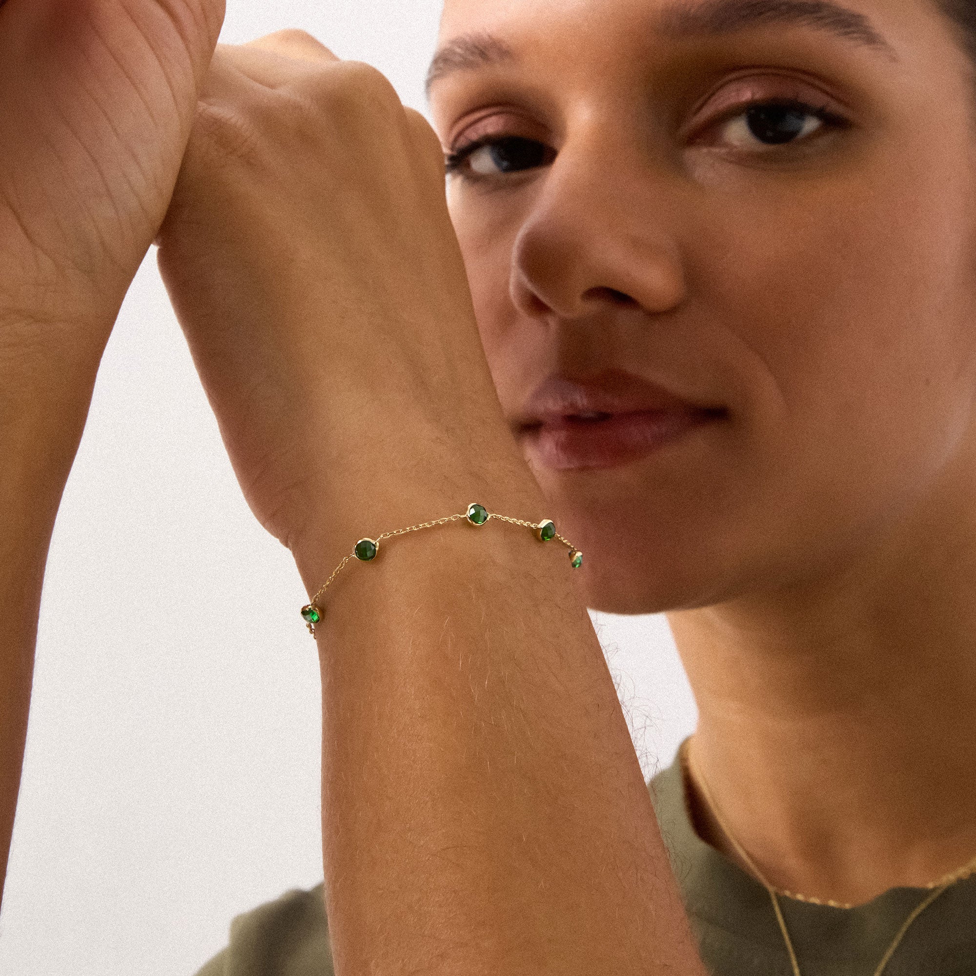 14K Real Solid Gold Emerald Bead Station Bracelet featuring vibrant green gemstones set along a dainty gold chain, perfect as a birthstone bracelet or gift for Mother's Day and special occasions.