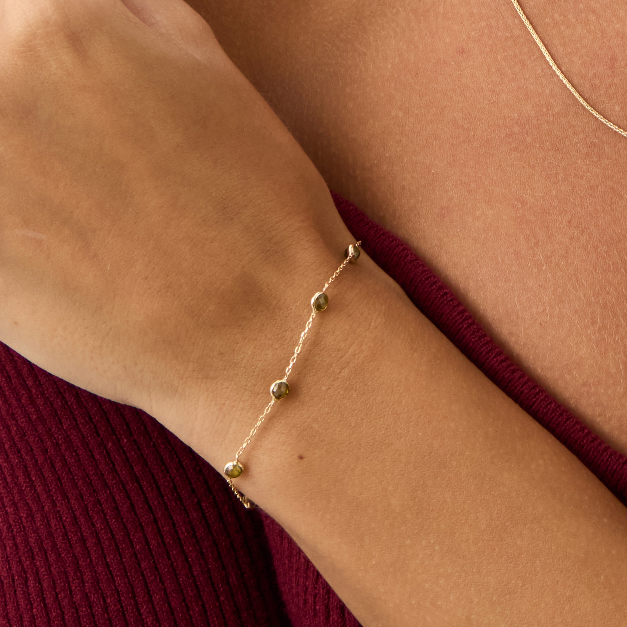 14K Real Solid Gold Peridot Birthstone Station Bracelet with green peridot gemstones, perfect for August birthdays and elegant, everyday wear.