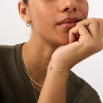14K Real Solid Gold Emerald Bead Station Bracelet featuring vibrant green gemstones set along a dainty gold chain, perfect as a birthstone bracelet or gift for Mother's Day and special occasions.