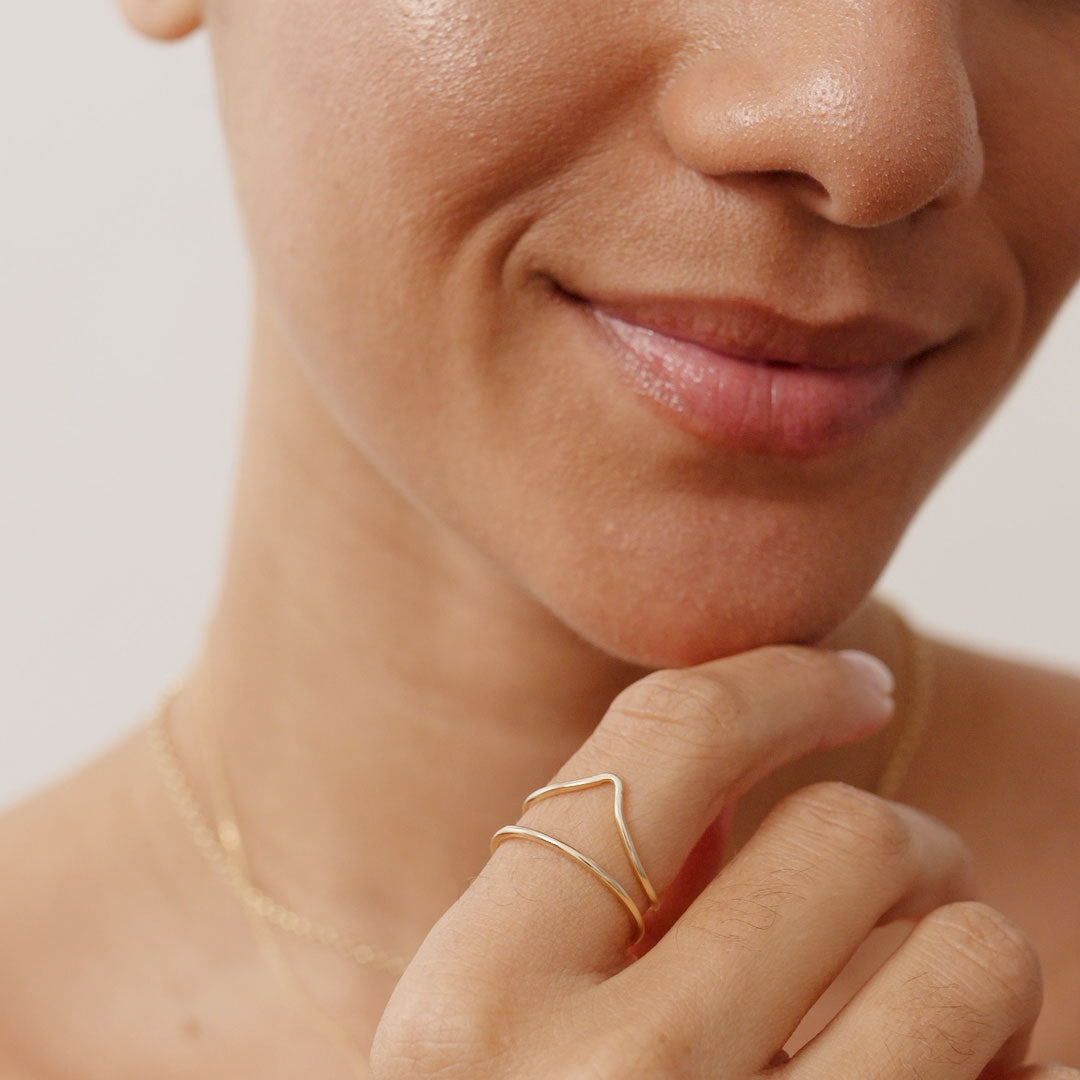 14K Real Solid Gold Unique Design Stacking Ring with a modern, chic shape, ideal for layering or as a minimalist statement piece for women.