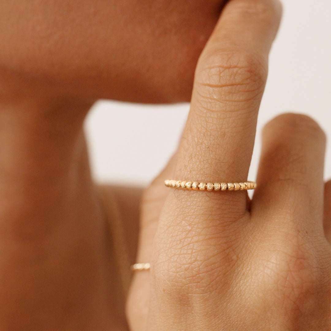 14K Real Solid Gold Beaded Ring Band with a delicate beaded design, ideal as a stacking ring, wedding band, or promise ring for everyday elegance.