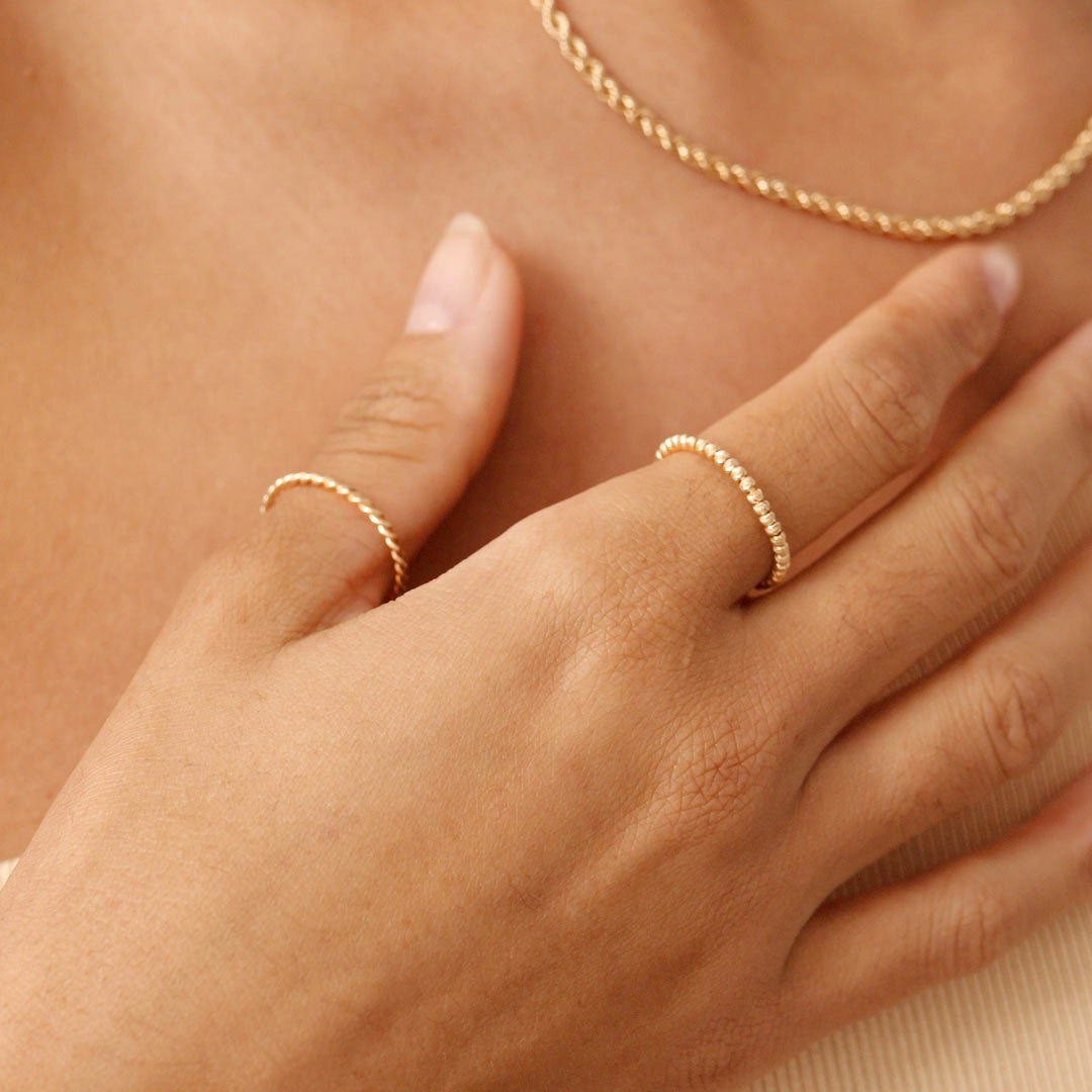 14K Real Solid Gold Beaded Ring Band with a delicate beaded design, ideal as a stacking ring, wedding band, or promise ring for everyday elegance.