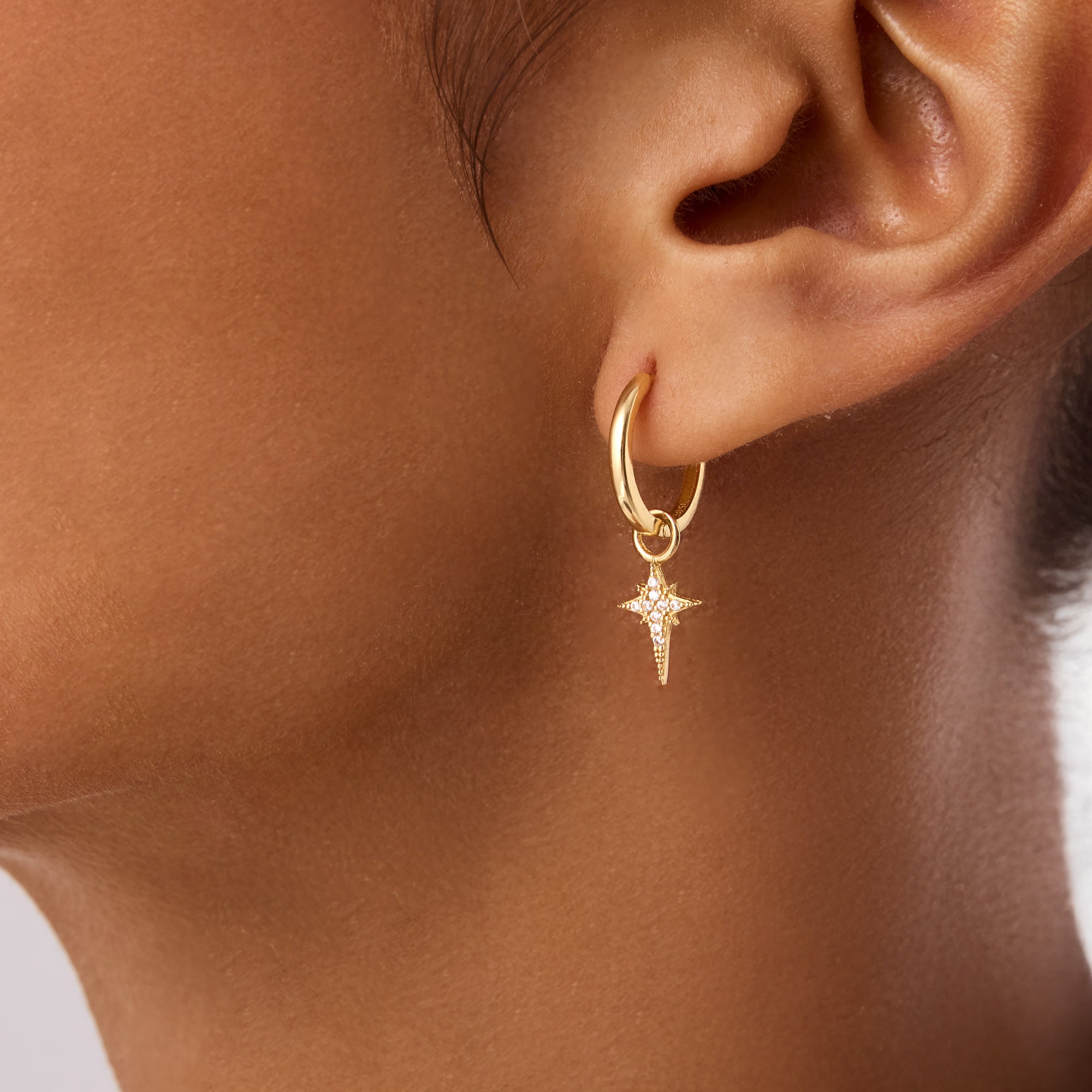 Elegant 14K Real Solid Gold North Star Earrings adorned with sparkling Cubic Zirconia Charms, perfect for adding a celestial touch to any ensemble.