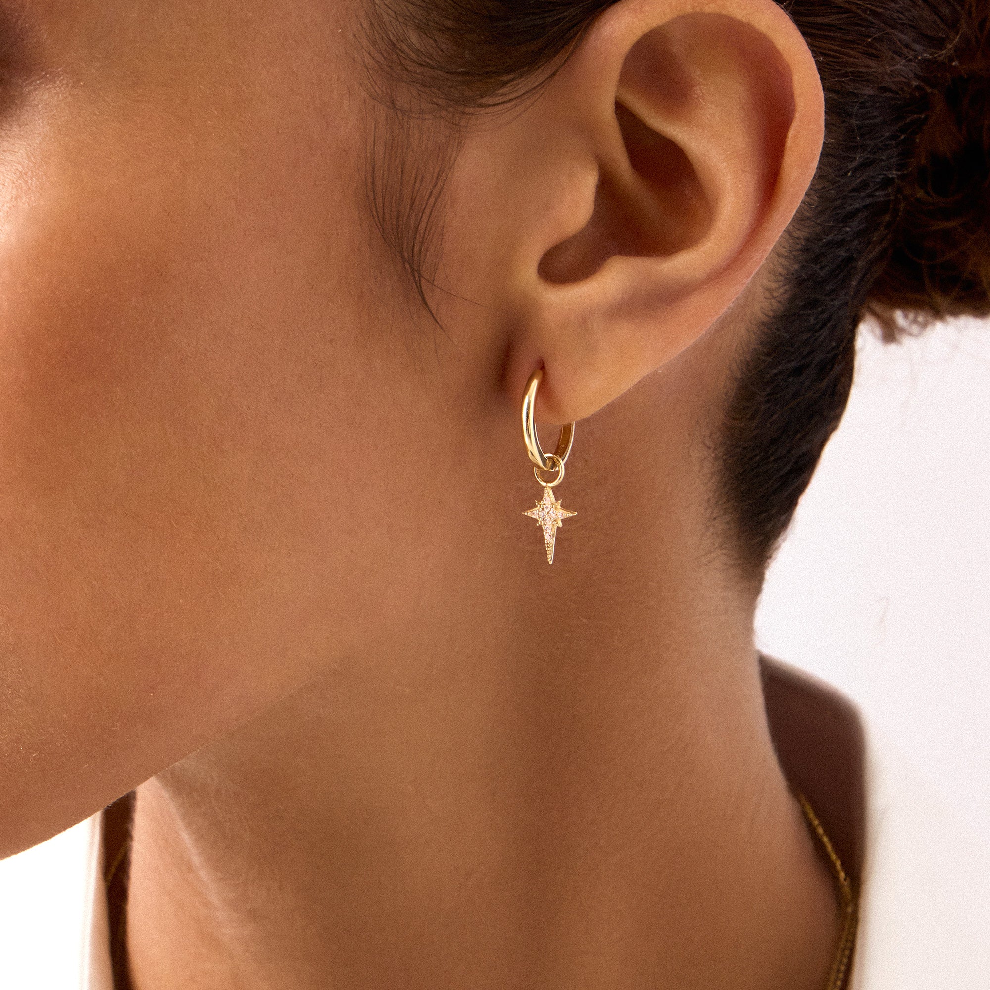 Elegant 14K Real Solid Gold North Star Earrings adorned with sparkling Cubic Zirconia Charms, perfect for adding a celestial touch to any ensemble.