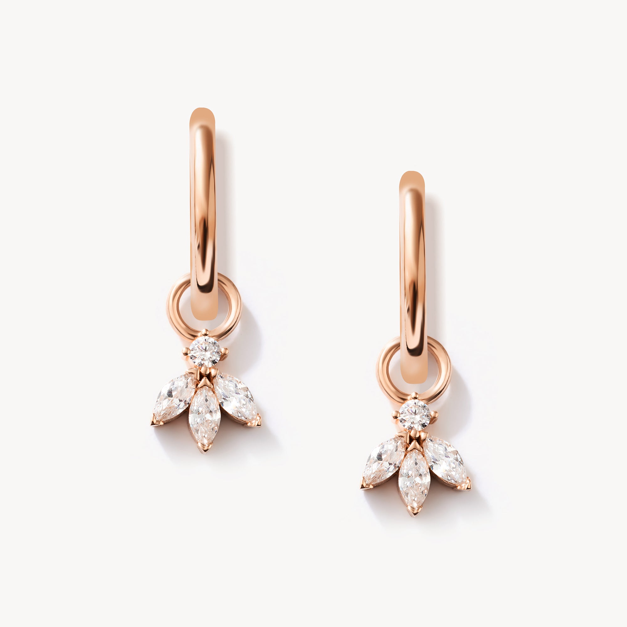 14K Solid Gold Lotus Earrings, Marquise Flower Charm Hoop