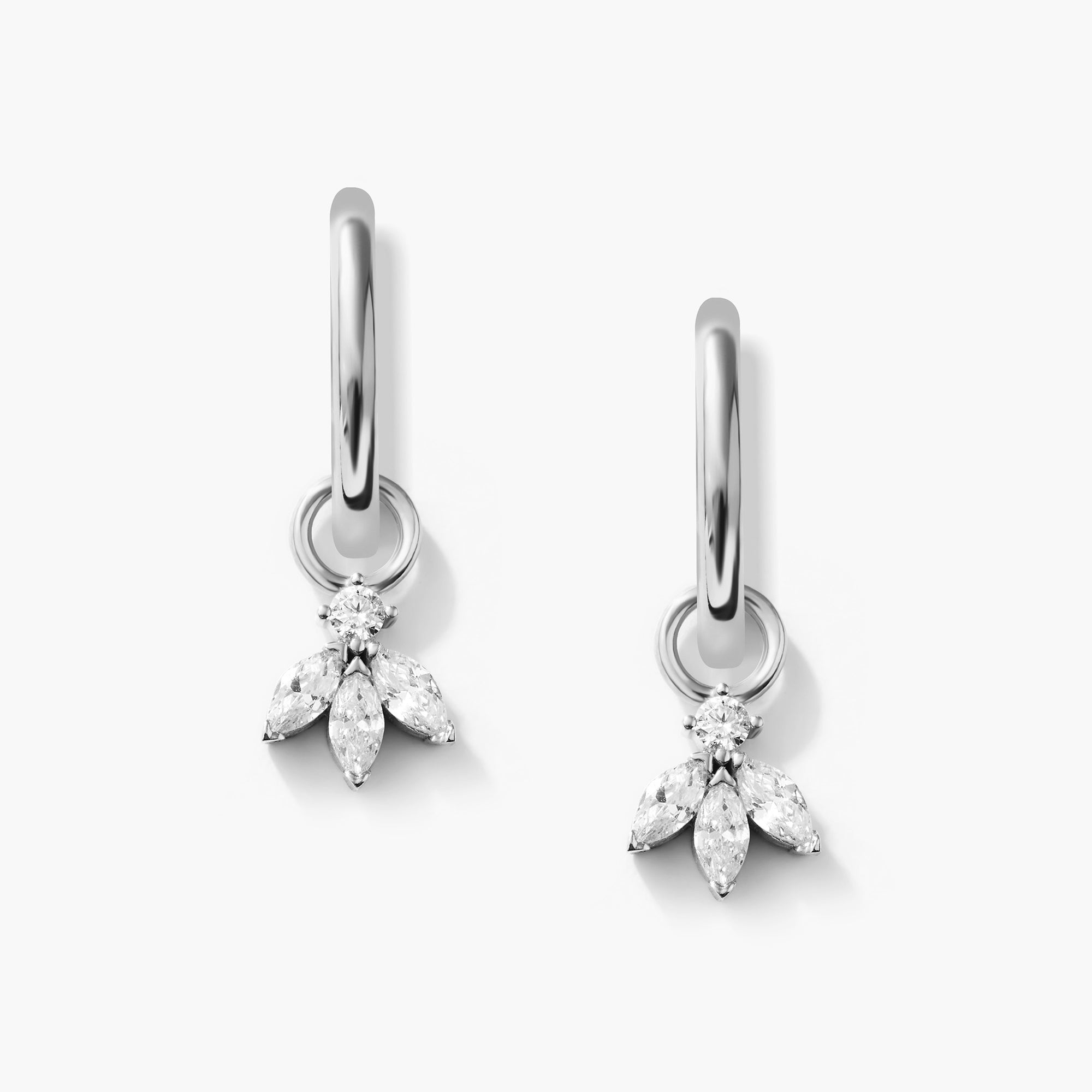 14K Solid Gold Lotus Earrings, Marquise Flower Charm Hoop