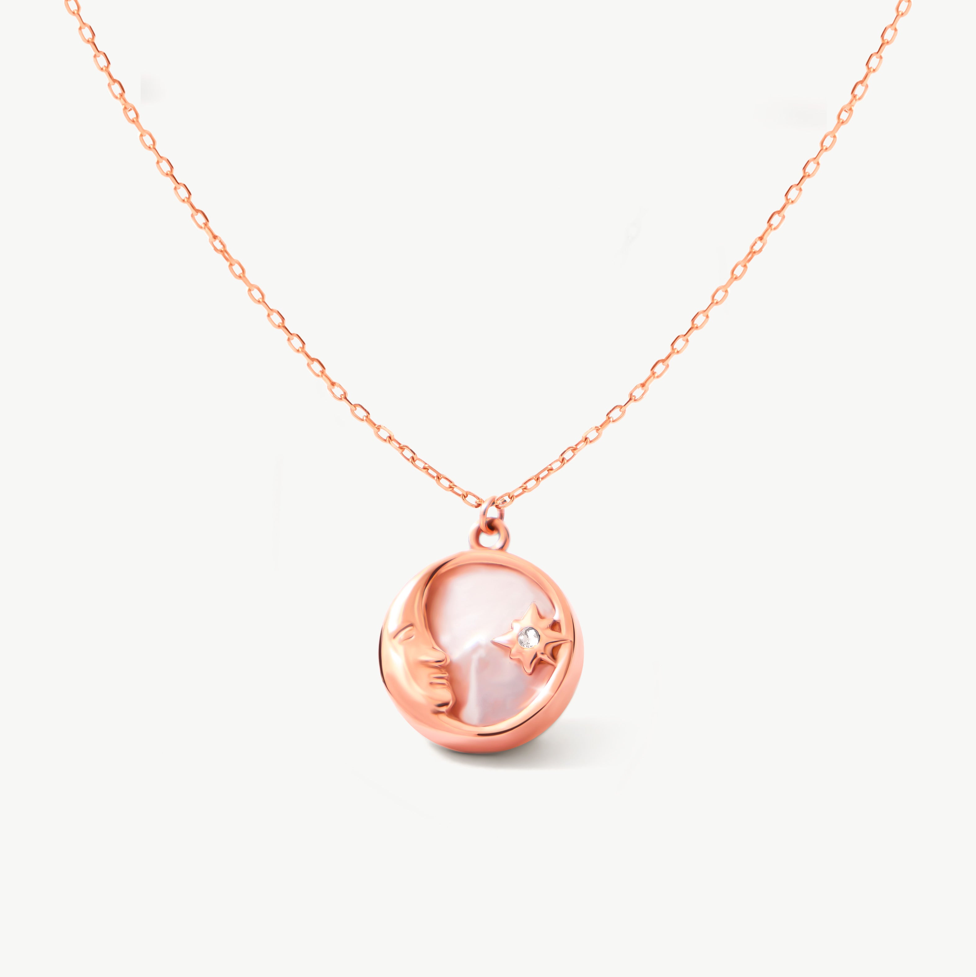 14K Solid Gold Mother Of Pearl Moon And Star Necklace