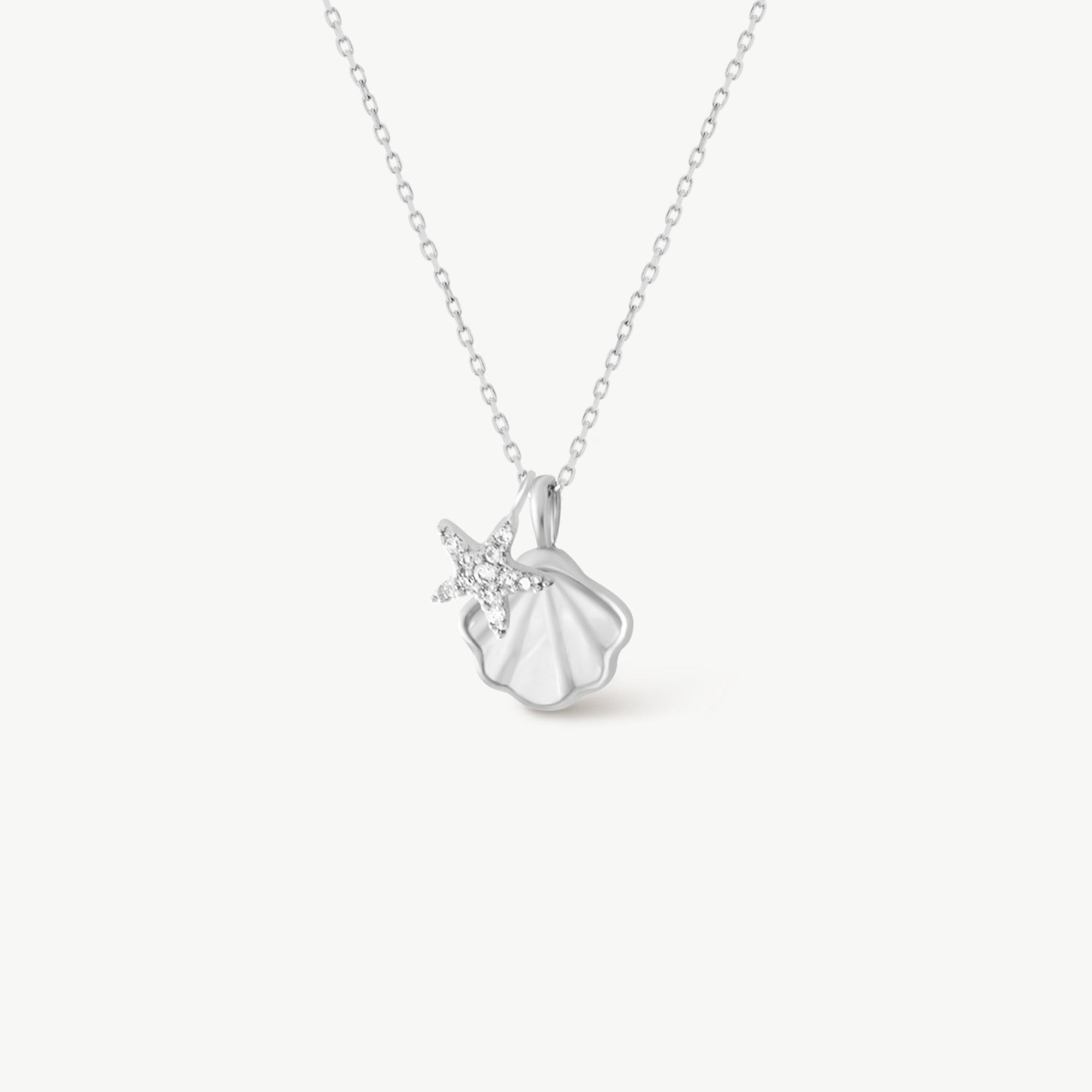 14K Solid Gold Sea Shell and Starfish Necklace