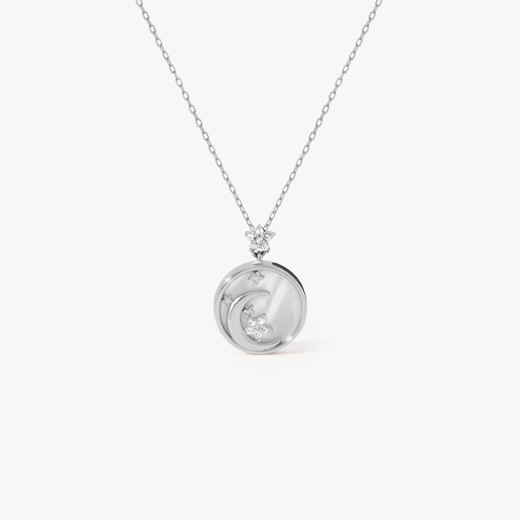 14K Solid Gold Moon and Star Necklace in Mother of Pearl