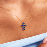 14K Solid Gold Sapphire Cross Necklace
