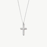 White gold cross necklace with diamonds on a white background