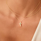 14K Solid Gold Cross Necklace with Emerald Stone