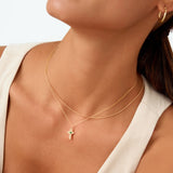 14K Solid Gold Cross Necklace with Emerald Stone