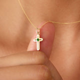 14K Solid Gold Cross Necklace with Emerald Stone