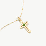 14K Solid Gold Cross Necklace with Emerald Stone