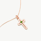 14K Solid Gold Cross Necklace with Emerald Stone