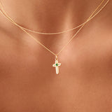 14K Solid Gold Cross Necklace with Emerald Stone