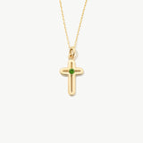 14K Solid Gold Cross Necklace with Emerald Stone