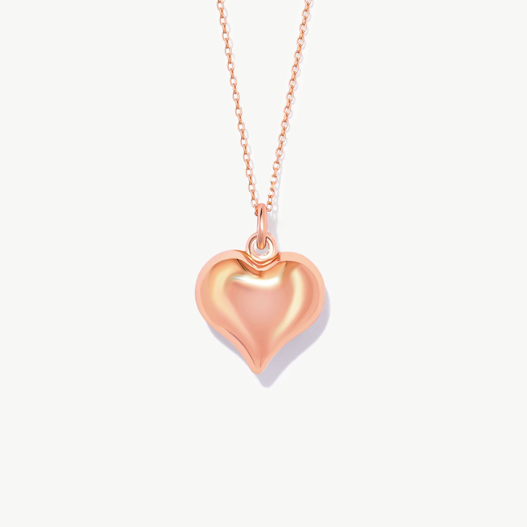 14K Solid Gold Puffy Heart Necklace - Dainty Love Pendant