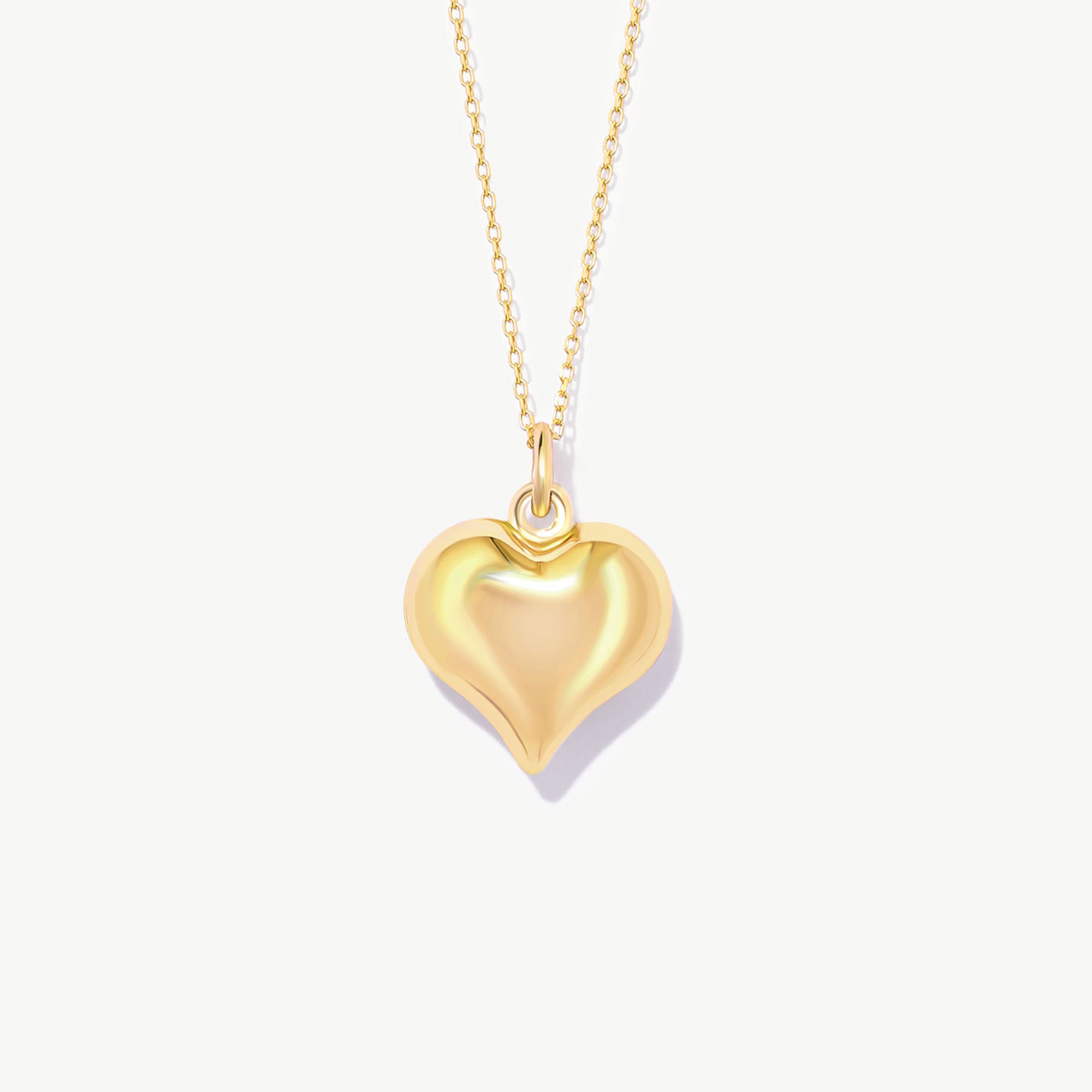 14K Solid Gold Puffy Heart Necklace - Dainty Love Pendant
